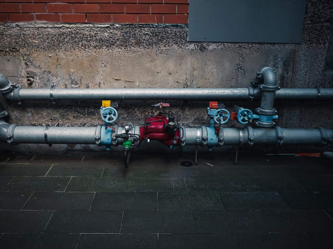 A detailed view of industrial pipes with colorful valves on a textured wall.